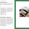 In "Floor Cloths, Quilts, and Pages" by Schiffer Publishing, Ltd., a two-page spread features care tips, hints, and a confetti drop idea on the left, while the right introduces Chapter 4, Gallery Collections, with a collage photo.