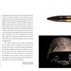 A magazine spread in All of Which I Saw by Schiffer Publishing, Ltd. shows text beside a bullet, knife, shadowed helmet, and black flag—powerfully capturing the stark realities of photojournalism during the Iraq War.