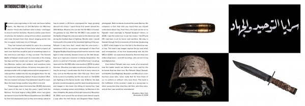A magazine spread in All of Which I Saw by Schiffer Publishing, Ltd. shows text beside a bullet, knife, shadowed helmet, and black flag—powerfully capturing the stark realities of photojournalism during the Iraq War.