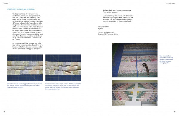 Scrap Happy Quilts from Georgia Bonesteel by Schiffer Publishing, Ltd. features step-by-step photo instructions on measuring, cutting, and arranging quilt patterns with a rotary cutter and ruler on a cutting mat.