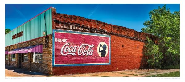 A vintage brick building with a faded Coca-Cola mural and colorful awnings graces the cover of "Back Roads of the Great Plains" by Schiffer Publishing, Ltd.—ideal for fans of landscape photography and classic Americana.