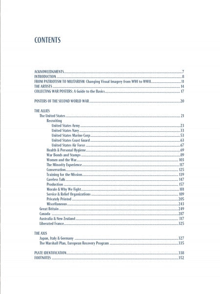 The table of contents for World War II Posters by Schiffer Publishing, Ltd. lists war and propaganda poster sections—acknowledgments, introduction, artists, WWII posters by country, and references—with page numbers.