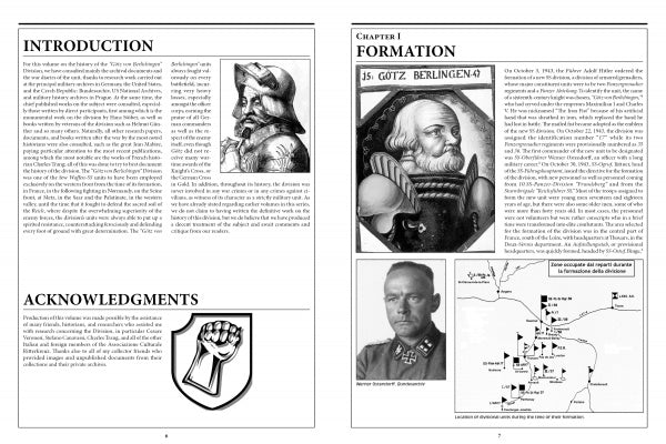 A spread from Schiffer Publishing, Ltd.'s "The 17th Waffen-SS Panzergrenadier Division Götz von Berlichingen" shows Introduction and Acknowledgments on the left, and a right page with the Formation chapter, images of three men (including Götz von Berlichingen), and a labeled map.