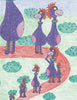 Colorful drawing of smiling, purple, dinosaur-like creatures from "Don't Be a Schwoe" by Schiffer Publishing, Ltd., wearing striped socks and walking along a red path, enjoying healthy habits in a grassy field with green bushes.