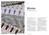 Handwoven textiles in green, purple, and cream display geometric patterns inspired by Bhutanese heritage and backstrap weaving. "Threads Around the World" by Schiffer Publishing, Ltd. is introduced in the accompanying text on the right.