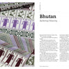 Handwoven textiles in green, purple, and cream display geometric patterns inspired by Bhutanese heritage and backstrap weaving. "Threads Around the World" by Schiffer Publishing, Ltd. is introduced in the accompanying text on the right.
