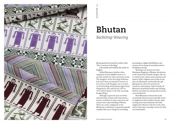 Handwoven textiles in green, purple, and cream display geometric patterns inspired by Bhutanese heritage and backstrap weaving. "Threads Around the World" by Schiffer Publishing, Ltd. is introduced in the accompanying text on the right.