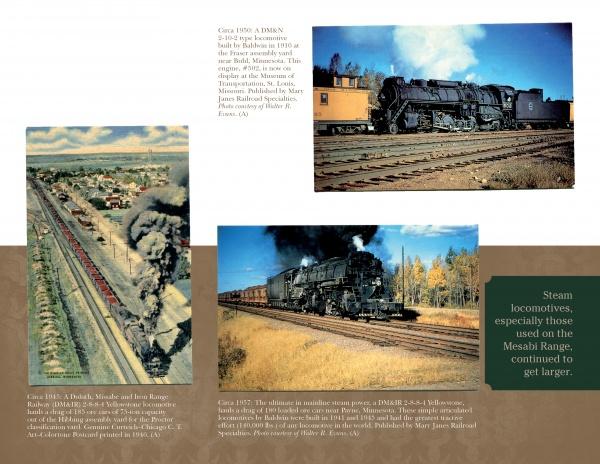 A postcard-style collage features three steam locomotives in varied scenes, with a text box noting how these engines, shown in "Mine to Mill" by Schiffer Publishing, Ltd., grew on the Mesabi Range as iron ore trade shaped Great Lakes history.