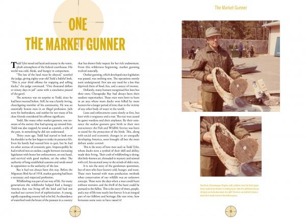 A two-page book spread of The Outlaw Gunner by Schiffer Publishing, Ltd. features text and two photos of a man outdoors with large animal horns, exploring the hunting history of market gunning around the Chesapeake Bay.