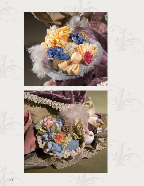 Two close-up images of Whimsical Elegance hats by Schiffer Publishing, Ltd., featuring ornate fabric, colorful ribbon flowers, lace, feathers, and textured trims for historical fashion dolls, set against a soft patterned background.