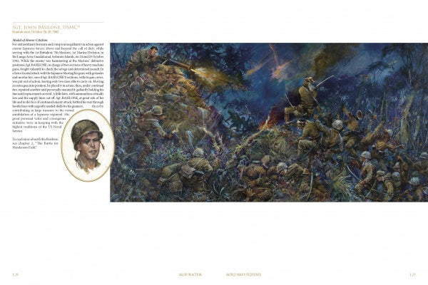 Valor in Action" by Schiffer Publishing, Ltd. depicts U.S. Marines fighting Japanese troops in a nighttime jungle battle, illuminated by gunfire, with text and Sgt. John Basilone’s portrait on the left highlighting his Medal of Honor heroism.