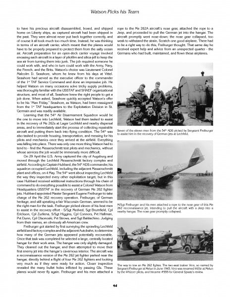 A page from Watson's Whizzers by Schiffer Publishing, Ltd. features text on WWII aircraft and black-and-white photos of soldiers with planes, including men examining a disassembled Me 262 jet near aircraft parts.