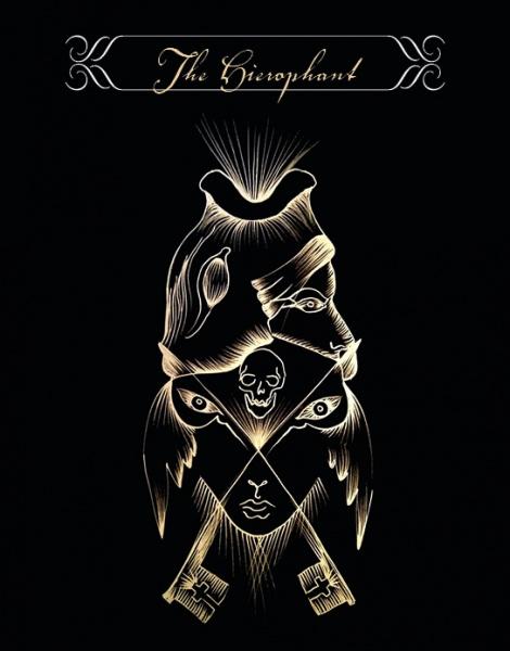 Featuring stylized gold line art of The Hierophant from the White Witch Tarot by Schiffer Publishing, Ltd., this mystical card shows a symmetrical face, skull, and two crossed keys with eyes on a black background.