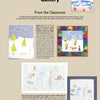 A display inspired by “Creating Children's Artwork Quilts” from Schiffer Publishing, Ltd. features five children's winter and nature drawings—snowy landscapes, animals, trees, and a snowman—preserved quilt-style with captions and credits.