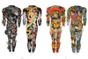 Four colorful bodysuit designs—skull with horns, woman with snakes, crowned figure with roses and castle, and tiger with clouds and flames—showcase tattoo art in "Slave to the Needle" by Schiffer Publishing, Ltd.