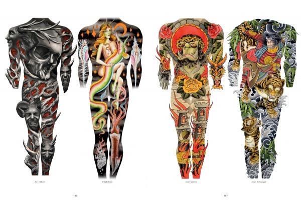 Four colorful bodysuit designs—skull with horns, woman with snakes, crowned figure with roses and castle, and tiger with clouds and flames—showcase tattoo art in "Slave to the Needle" by Schiffer Publishing, Ltd.