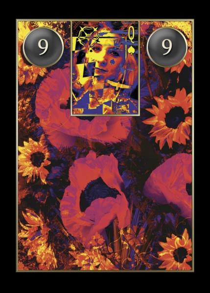 The Lenormand Cartomancy deck by Schiffer Publishing, Ltd. features a card with the number 9, vivid orange and yellow poppies and sunflowers, and a fragmented woman's face marked with a Queen of Spades symbol.