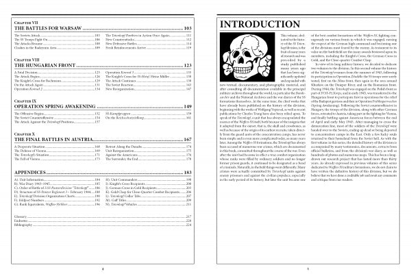 A two-page spread from "The 3rd Waffen-SS Panzer Division Totenkopf, 1943-1945" by Schiffer Publishing, Ltd. displays a table of contents and an introduction with a skull illustration, black text on white, listing chapter titles and page numbers.