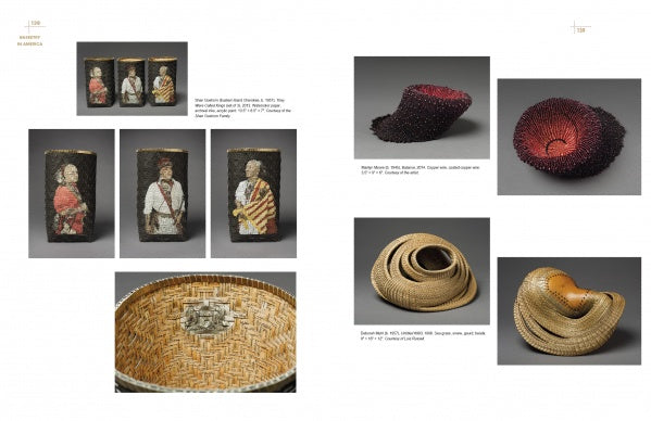 Explore “Rooted, Revived, Reinvented” by Schiffer Publishing, Ltd.: a collage of fine art basketry with four cylindrical portraits, two dark spiral vessels, a basket close-up, and two tan coiled sculptures on gray background.