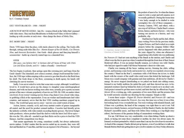 The foreword of It Came From the Video Aisle! (Schiffer Publishing, Ltd.) mimics a cult film script: two columns per page, left side titled FOREWORD and EXT. VENTURA BLVD. – 1981 – NIGHT; right side shows a B-movie studio-style photo.