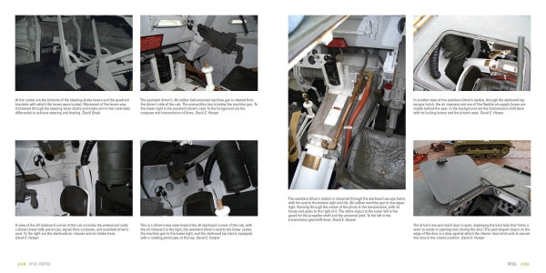 A book spread from Schiffer Publishing, Ltd.'s LVT(4) Amtrac features grid-arranged photos of the tank's interiors, equipment close-ups, and control panels from the Pacific campaign, set on a white background with informative captions.