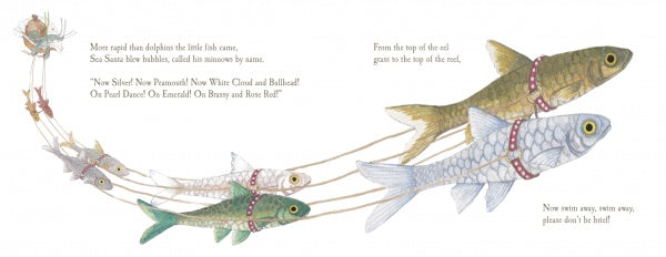 Six colorful fish swim from left to right, tied together with strings and surrounded by bubbles, evoking a whimsical undersea Christmas on a white background. Inspired by "The Lobsters' Night Before Christmas" from Schiffer Publishing, Ltd.