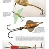 The Vintage Folk Art Fishing Lures and Tackle by Schiffer Publishing, Ltd. features four detailed lures—mouse, bird, spinning fish, and segmented minnow—with metal hooks and painted or metallic bodies, each with unique descriptions.