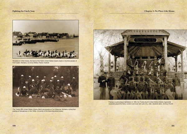 Two pages from "Fighting for Uncle Sam" by Schiffer Publishing, Ltd. feature sepia photos of Buffalo Soldiers, bands, and cavalry with captions about early 20th-century Trans-Mississippi West parade drills and musical performances.