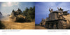 Two color photos feature WWII M3 Medium Tanks from Schiffer Publishing, Ltd., moving through dirt with soldiers atop—one image shows a dusty landscape and trees, while the other has soldiers waving at the camera from the tank.