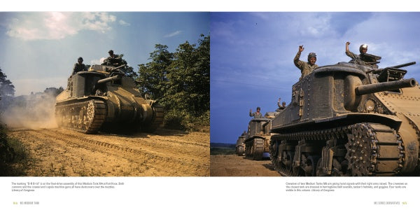 Two color photos feature WWII M3 Medium Tanks from Schiffer Publishing, Ltd., moving through dirt with soldiers atop—one image shows a dusty landscape and trees, while the other has soldiers waving at the camera from the tank.