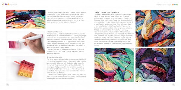 Two pages from "Painting with Paper" by Schiffer Publishing, Ltd. display vibrant thread designs with step-by-step photos, close-ups, instructions, and a hand coloring threads—echoing Yulia Brodskaya’s paper art style.