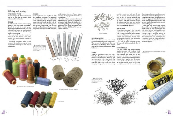 The "Upholstery" book by Schiffer Publishing, Ltd. features images of threads, spools, needles, tacks, and tools with step-by-step upholstery techniques and clear text—ideal for beginners and enthusiasts alike.