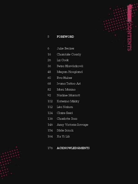 A black table of contents from "The Women of Ink" by Schiffer Publishing, Ltd. lists sections in white text with "CONTENTS" in vertical pink on the right and pink dotted accents—ideal for exploring tattoo inspiration.