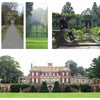 A collage of six images from "Suburban Classic" by Schiffer Publishing, Ltd.—gardens, ornate gates, a domed gazebo, riding attire, and a grand red-brick mansion—evoke the elegance of celebrity homes in New York’s suburbs.