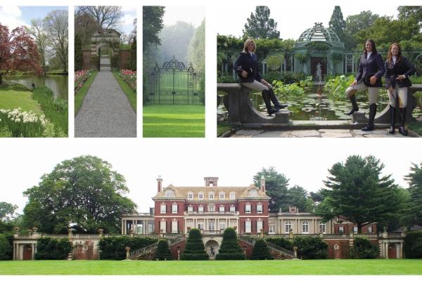 A collage of six images from "Suburban Classic" by Schiffer Publishing, Ltd.—gardens, ornate gates, a domed gazebo, riding attire, and a grand red-brick mansion—evoke the elegance of celebrity homes in New York’s suburbs.