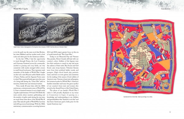 A spread from "World War I Quilts" by Schiffer Publishing, Ltd. features a vintage black-and-white trench photo on the left and a colorful quilt with flags and a map on the right, illustrating quilting during the 1910s with informative captions.