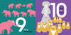 An illustration from "My Big Family" by Schiffer Publishing, Ltd. shows nine pink elephants on green labeled "9 Nine elephants" and ten yellow cats with a gray poodle on purple labeled "10 And ten cats," celebrating preschool diversity.
