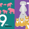 An illustration from "My Big Family" by Schiffer Publishing, Ltd. shows nine pink elephants on green labeled "9 Nine elephants" and ten yellow cats with a gray poodle on purple labeled "10 And ten cats," celebrating preschool diversity.