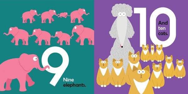 An illustration from "My Big Family" by Schiffer Publishing, Ltd. shows nine pink elephants on green labeled "9 Nine elephants" and ten yellow cats with a gray poodle on purple labeled "10 And ten cats," celebrating preschool diversity.