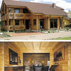 The top image showcases "The Contemporary Log Home" by Schiffer Publishing, Ltd.—a two-story wood house with a red-tiled roof. The interior features wood-paneled walls, rustic décor, and a bear painting, radiating sustainable charm.