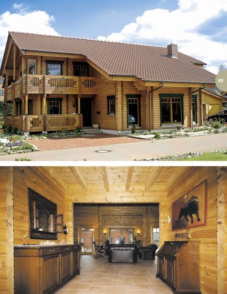 The top image showcases "The Contemporary Log Home" by Schiffer Publishing, Ltd.—a two-story wood house with a red-tiled roof. The interior features wood-paneled walls, rustic décor, and a bear painting, radiating sustainable charm.