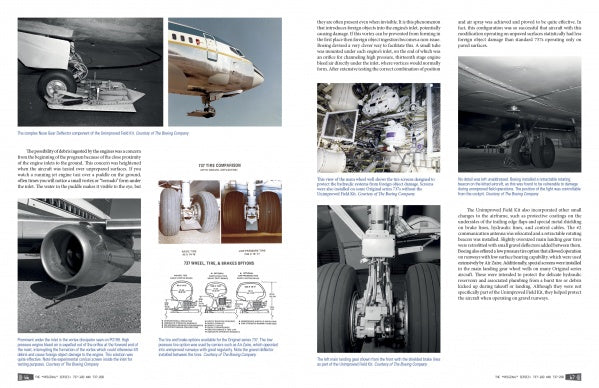 A Schiffer Publishing, Ltd. magazine spread features text, diagrams, and photos of Boeing 737 landing gear and technical parts, capturing aircraft wheels, tires, and underside components from various angles.