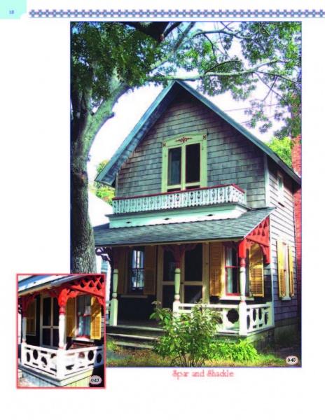 Featuring Victorian details, including decorative trim and Schiffer Publishing, Ltd.’s Painted Ladies: Balusters & Columns, this two-story home with shingle siding, yellow shutters, and red ornate woodwork recalls classic Oak Bluffs cottages.