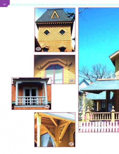 A collage of four close-ups from "Painted Ladies: Corbels & Gingerbread" by Schiffer Publishing, Ltd. showcases Victorian gables, a porch, arched windows, and intricate trim in yellow and orange.