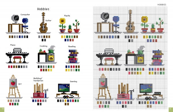 PixlPeople by Schiffer Publishing, Ltd. offers pixel art patterns of hobbies such as a computer, guitar, and plants, each with color codes and a grid chart—ideal for creating your own personalized PixlPeople cross-stitch pattern.