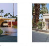 Side-by-side photos from "Small Dreams" by Schiffer Publishing, Ltd. show two Palm Springs trailer park homes—one with a mid-century carport and warm lighting, the other with a beige exterior, stone planter, and desert landscaping beneath tall palms.