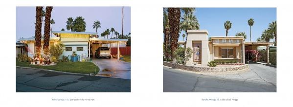 Side-by-side photos from "Small Dreams" by Schiffer Publishing, Ltd. show two Palm Springs trailer park homes—one with a mid-century carport and warm lighting, the other with a beige exterior, stone planter, and desert landscaping beneath tall palms.