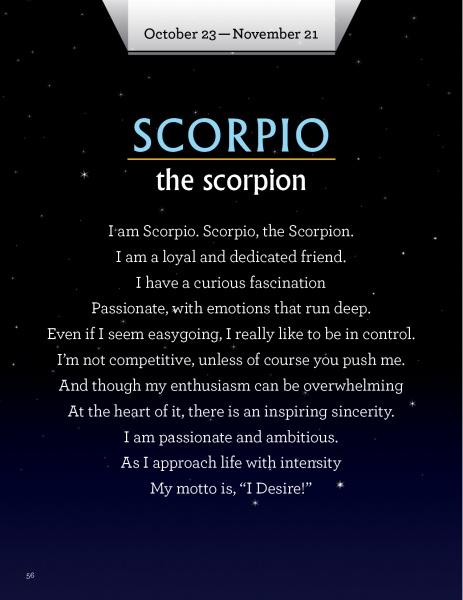 A page from Schiffer Publishing, Ltd.’s "In the Night Sky" features Scorpio traits, the motto “I Desire!”, and October 23—November 21 dates on a dark blue starry background—perfect for young astrology enthusiasts.