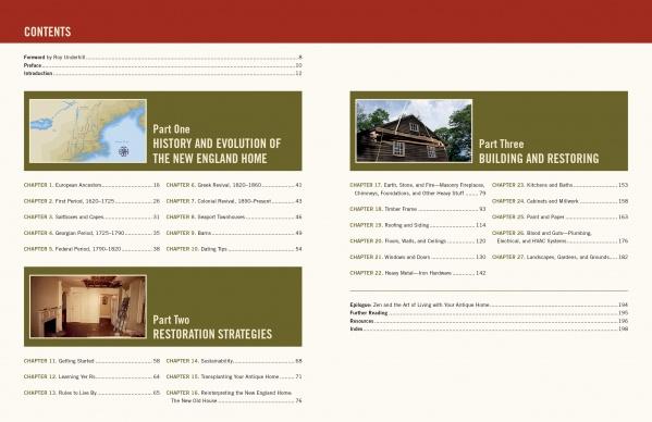 The table of contents in "Antique New England Homes & Barns" by Schiffer Publishing, Ltd. spans two pages with three parts: a map, an interior room, and a rustic wooden house inspired by New England homes. Chapters and page numbers are included.