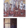 Top: Clear bottles filled with water reflect and distort black-and-white photos on a red cloth, echoing the style in "100 Boston Painters" by Schiffer Publishing, Ltd. Bottom: Someone sits by a window amid bottles, gazing thoughtfully outside.